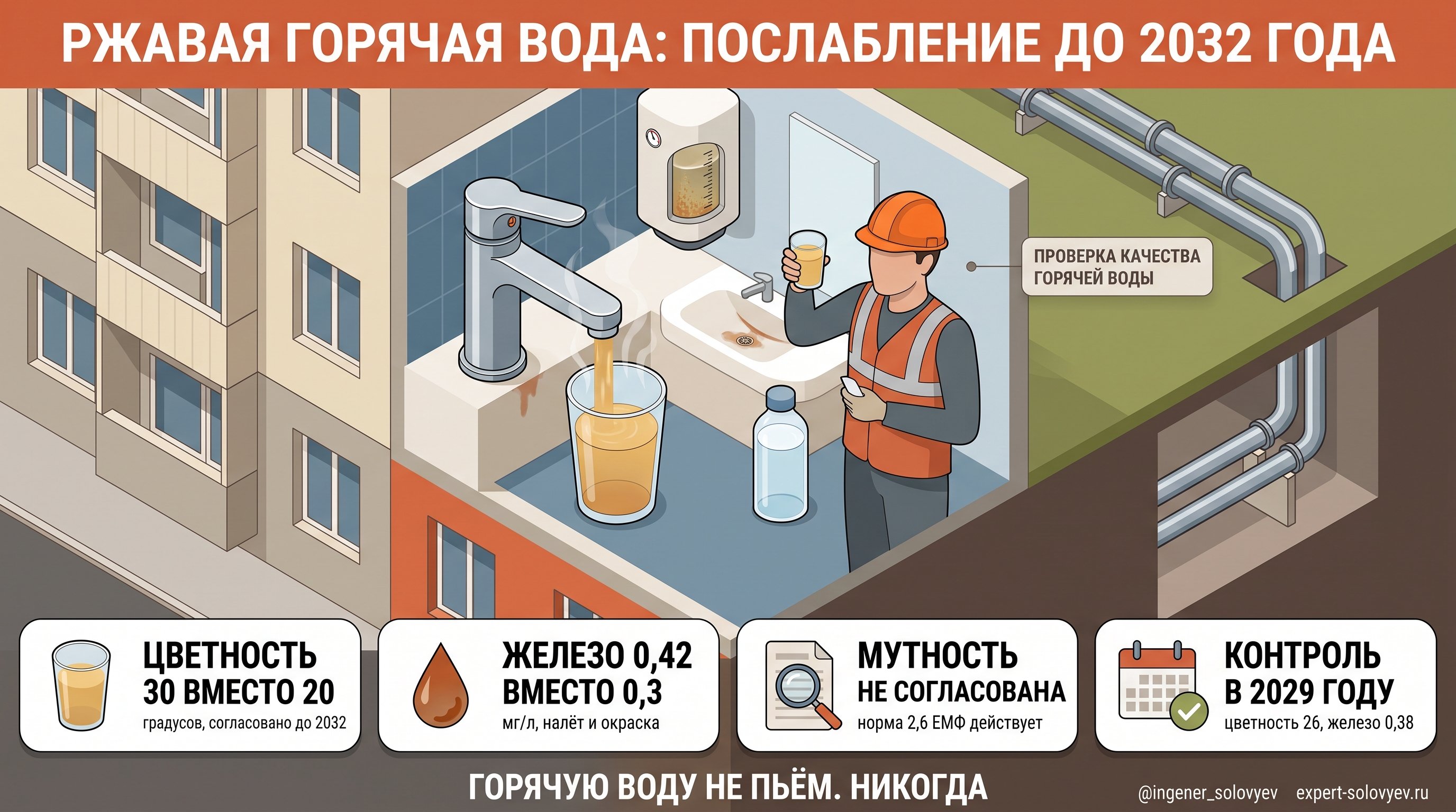 Ржавая горячая вода: послабление до 2032 года — цветность 30 вместо 20, железо 0,42 вместо 0,3